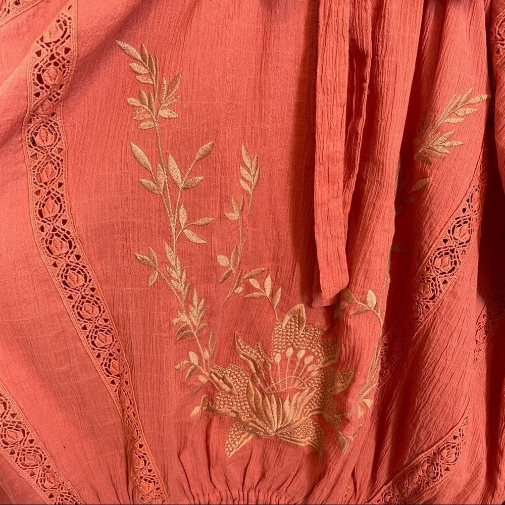 Free People Terra Cotta Maria Maria Top Ribbon Tie Gathered Waist Embroidery M